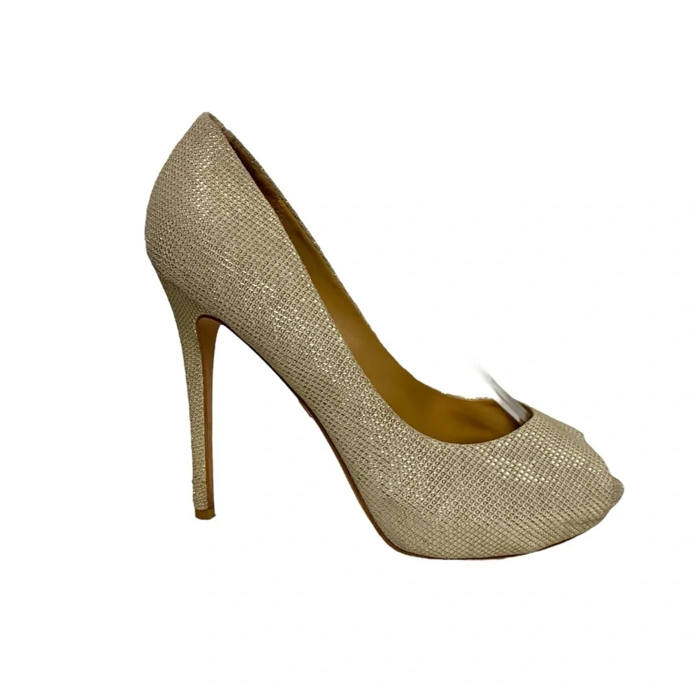 Badgley Mischka Leather Glitter Accents Winter Peep Toe Platform Pumps Champagne